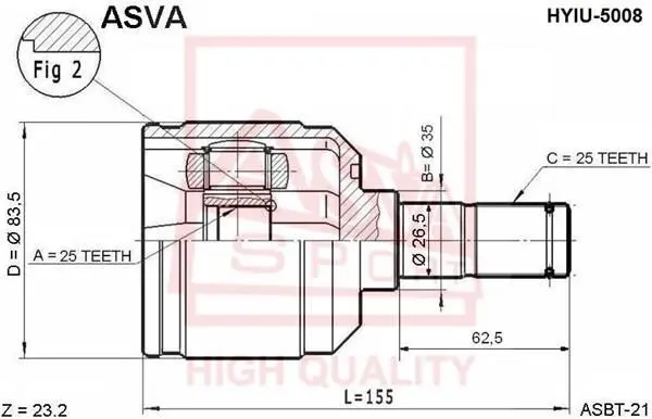 ШРУС ВНУТРЕННИЙ 25X35X25 (HYUNDAI ELANTRA/LANTRA 1 ASVA HYIU5008 (фото 1)