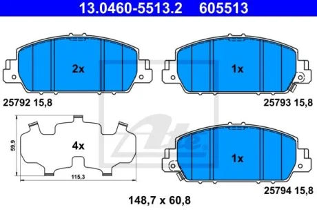 Комплект гальмівних колодок передн, HONDA ACCORD IX, HR-V 15-35 0912- ATE 13046055132
