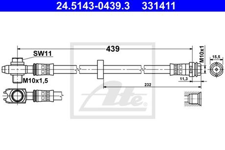 Шланг тормозной AUDI A3 01- /L+P/ ATE 24514304393 (фото 1)