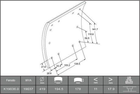 Накладки гальмівні WVA19036 необхідні заклепки: L9 96шт BERAL 1903618600015606