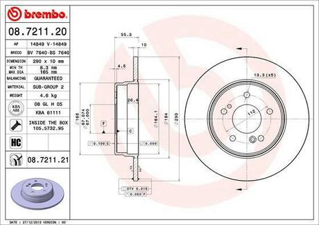 Тормозной диск BREMBO 08.7211.21 (фото 1)
