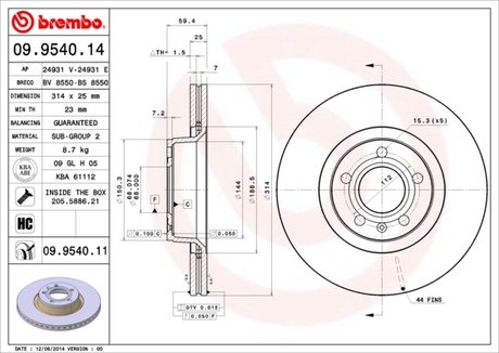Гальмівний диск BREMBO 09.9540.11 (фото 1)