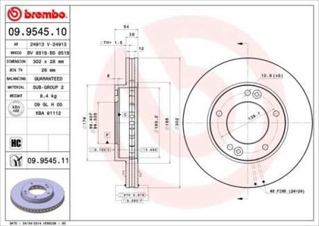 Гальмівний диск пер Sorento I 02- (302x54mm) BREMBO 09954511