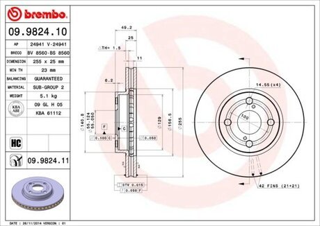 Тормозной диск вентилируемый BREMBO 09.9824.10 (фото 1)