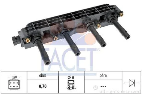 Котушка запалювання Astra G/Combo/Vectra B/C /Zafira A 1.6 95- FACET 9.6299