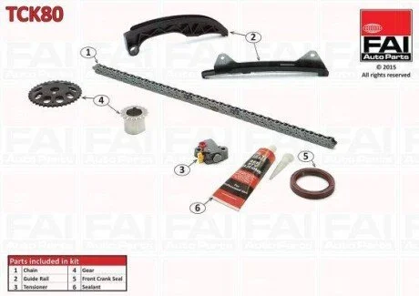 Комплект ланцюга ГРМ (ланцюг+2 шестерні+натяжн.+лижі) Citroen C1 1.0 05-/Peugeot 107 05-/Toyota Yaris 1.0 05- Fischer Automotive One (FA1) TCK80