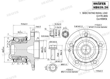 Подшипник ступицы передний + монтажный комплект MB W639 Vaneo 03-, Viano 03- SHAFER SH639.20K