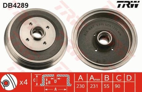 Тормозной барабан задний (200x40) Skoda, VW Golf,Caddy III,Passat TRW DB4289