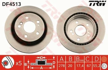 Диск гальмівний (1 шт.).) MERCEDES C(W203)/E(S124)/SLK(R171) "R D=278mm "89-11 TRW DF4513