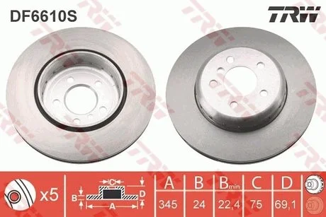 Диск гальмівний BMW 5(F07,F10)/ 7(F01,F02) "F "D=345mm "08>> TRW DF6610S