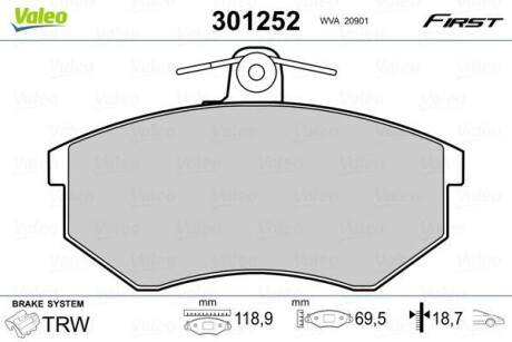 Гальмівні колодки дискові SEAT/VW Cordoba/Ibiza/Toledo/Caddy/Golf/Passat/Vento "1,4-2,9 "F "88-04 V301252 Valeo 301252