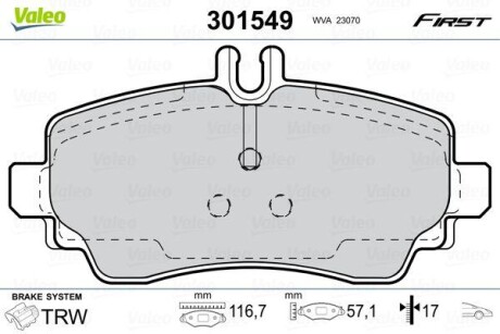 Гальмівні колодки дискові MERCEDES A-Class "1,4-2,1 "F "97-04 V301549 Valeo 301549