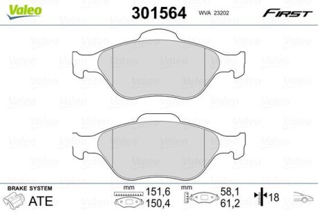 Тормозные колодки дисковые FORD/MAZDA Fiesta/Fusion/Ka/Puma/Street/121/2 "1,25-1,8 "F "95-12 V301564 Valeo 301564