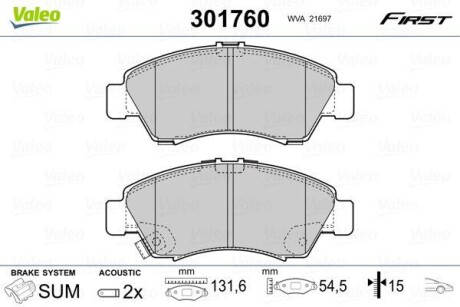 Тормозные колодки дисковые HONDA Civic/Jazz/Logo "1,2-1,6 "F "91-08 V301760 Valeo 301760