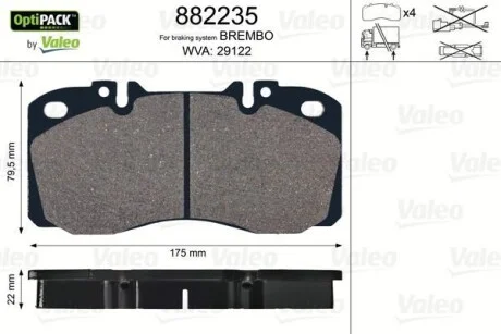 Колодки тормозные, WVA29122;175x79,5x22, без датчика износа Valeo 882235